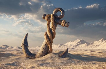 Anchor in the sand with rope, cloudy sky and mountains.