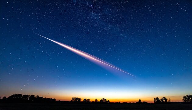 Shooting star glows over horizon, twilight sky filled with stars inspires wonder and calm, perfect for dreamy night or astronomy themes.