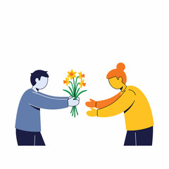 Man and Woman Exchanging Yellow Flowers.