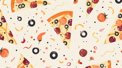 Seamless pattern of pizza slices with toppings and ingredients on a light background