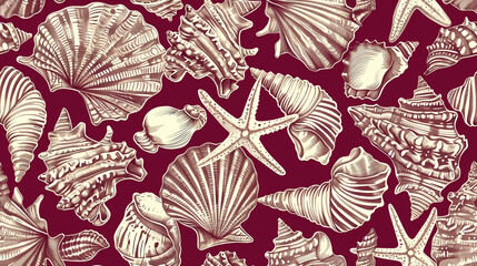 Vintage-style engraved seamless pattern of seashells and starfish on burgundy background