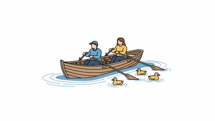 Man and Woman Sailing Wooden Boat.