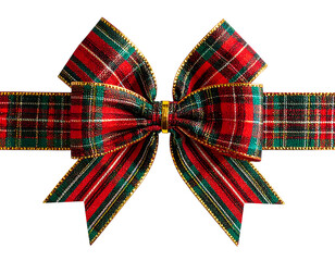 Close-up of a festive plaid ribbon bow, red and green, gold trim, isolated on black