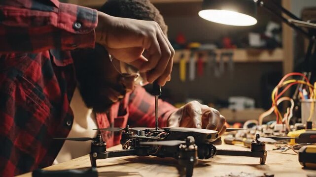 A bearded man in a plaid shirt carefully assembles a microcontroller project at a busy workshop now