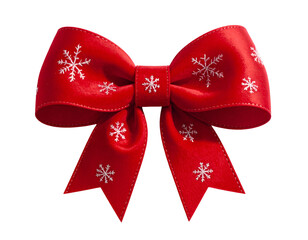 A festive, glossy red ribbon bow adorned with white snowflake patterns on a black background