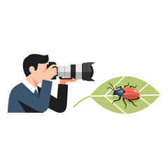 Man Photographing Insect with Camera Lens.