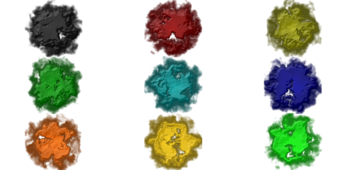 Collection of nine colorful abstract textured bursts isolated on white background for graphic design elements