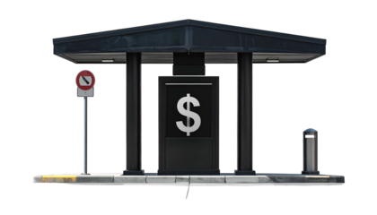 Realistic digital rendering of a bus shelter with a dollar sign display