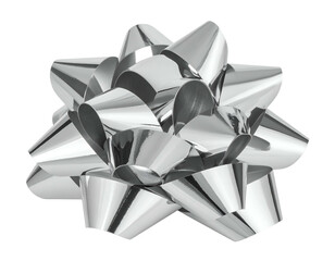 A shiny silver gift bow, rendered in close-up against a black background