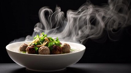Hot and steaming meatballs in a white bowl with fresh herbs on a dark background, culinary delight