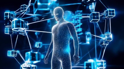 Futuristic human silhouette digital network data connection artificial intelligence cyber technology hologram virtual reality data cube neon blue light cyber space innovation science fiction concept - Powered by Adobe