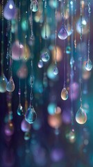 Abstract Water Droplets Hanging with Colorful Bokeh Background Light