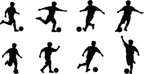 Collection of soccer players in dynamic poses on transparent background silhouette