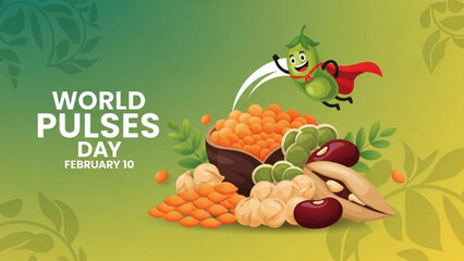 Vibrant illustration of world pulses day on february 10 featuring a smiling green pea superhero surrounded by various legumes and pulses on a green background
