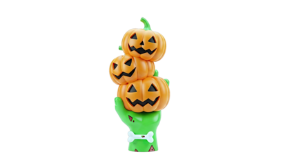 Stack of Carved Pumpkins Held by a Green Hand