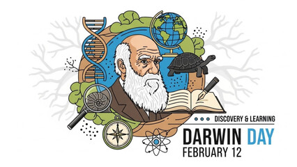 Charles darwin day illustration with dna globe turtle magnifying glass and book on february 12 celebrating discovery and learning with science