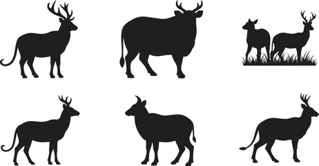 Fototapeta premium Black deer silhouettes collection with varying poses on transparent background