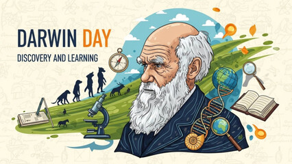 Charles darwin day illustration with evolution concept and learning symbols with science and education and biology and microscope and DNA and discovery