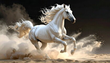 A majestic white horse gallops through swirling sand, dramatic backdrop