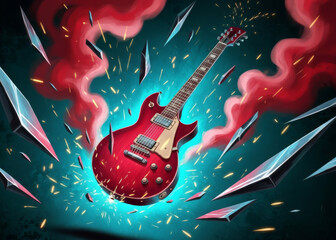 Abstract background with red paint and ink splashes featuring a grunge electric guitar vector illustration for rock music concert posters and artistic sound design