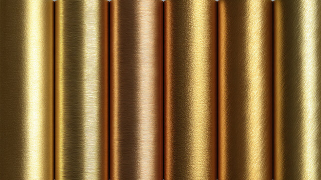 Shining metal surfaces with different shades of gold color. The image features a series of vertical lines, reflecting light