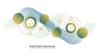 Interconnected geometric shapes in harmony with green and blue gradient colors representing unity and diversity with interfaith harmony and stylized graphic