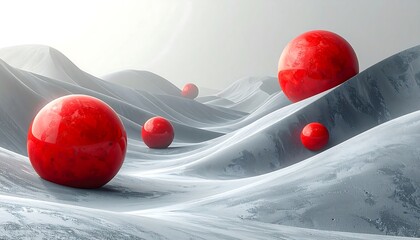 Surreal landscape with undulating, snowy terrain and vibrant red spheres scattered across the ridges under a hazy, ethereal sky