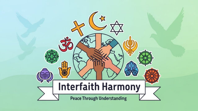 Interfaith harmony symbolized by diverse religious symbols and hands clasped around the globe representing peace and unity among different faiths and cultures