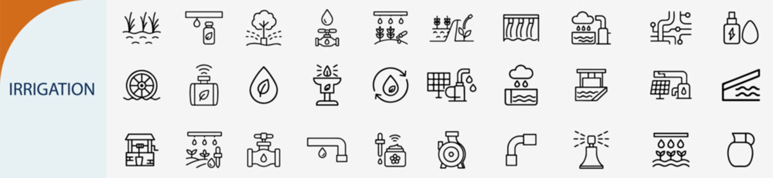 irrigation icon set, smart water management and agricultural system vector illustration