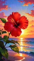 Vibrant hibiscus blooms at sunset on a tropical beach