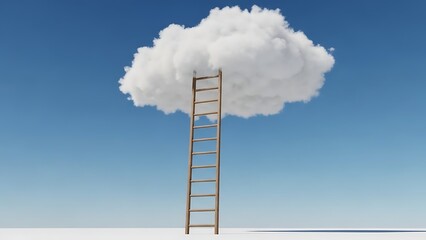 Reaching for the Sky A Ladder Ascends to a Fluffy Cloud Against a Clear Blue Horizon