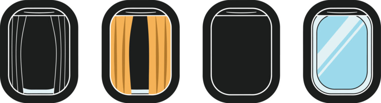 Four airplane windows with different views on transparent background silhouette