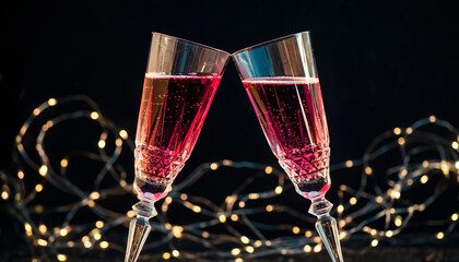 Crystal Wine Glasses: Two Crystal Champagne Flutes Filled With Pink Bubbly Liquid, Clinking Together. Sparkles And Bubbles Detailed. Dark Background With Bokeh Fairy Lights.