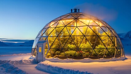 Glowing Dome Greenhouse in Snowy Landscape at Dusk.