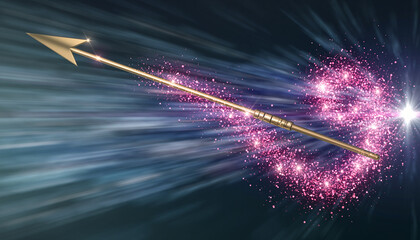 Cupid\'s Arrow: A Dynamic Action Shot Of A Golden Arrow Flying Through The Air, Trailing Pink Sparkles. Motion Blur Background, Cinematic Composition.