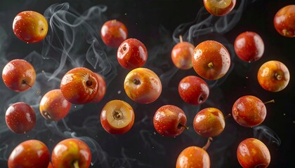 Floating red fruits with water droplets against a dark, smoky backdrop