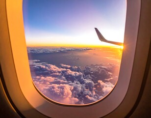 View from an airplane window at sunrise with clouds and wing