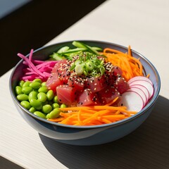Delicious poke bowl with fresh vegetables and raw tuna on a table