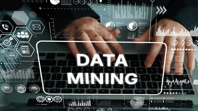Hands Typing on Laptop with Data Mining Graphics and Analytics Concepts in Modern Digital Environment. Asymptotic smart data analytic.