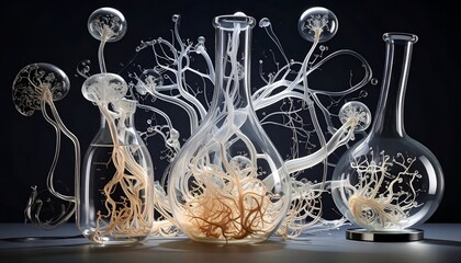 Transparent lab flasks with swirling formations and bubbles against dark backdrop