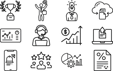 Business Management Line Art Icon Set, Corporate Success Support Analytics and Marketing Outline Icons Collection, Minimal Black and White Vector Symbols for UI UX Apps Websites and Professional Desig