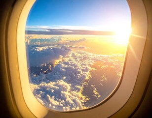 View through an airplane window featuring a bright sunset and clouds