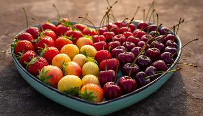 Fruit Arrangement: A Platter Of Strawberries, Cherries, And Raspberries Arranged In A Gradient Heart Shape. Dew Drops On The Fruit. Fresh, Organic Look.