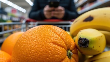 Close-up of fresh orange and bananas in a shopping cart with a shopper on a phone for marketing