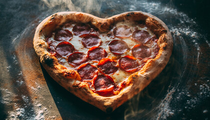 Heart Pizza: A Pepperoni Pizza Shaped Like A Heart, Fresh Out Of The Oven With Melting Cheese. Steam Rising. Dark Rustic Background, Food Editorial Style.