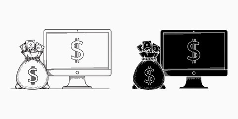 Illustrations of computer screens with dollar bags isolated on white background