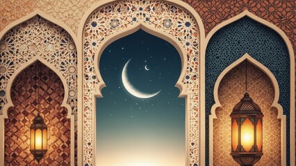 Ornate Islamic Arches with Glowing Lanterns and Crescent Moon Night Sky