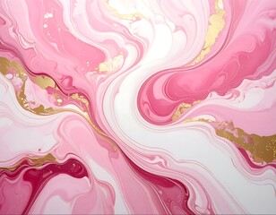 Swirling pink and white acrylic paint with metallic gold accents. Fluid design captures the look of marble with dynamic movement