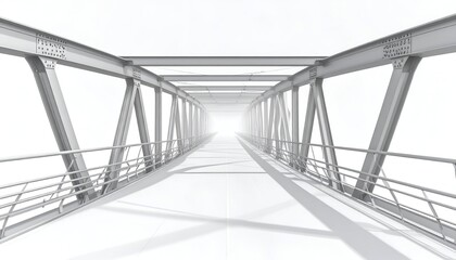 Perspective view of a steel bridge disappearing into a bright, white light