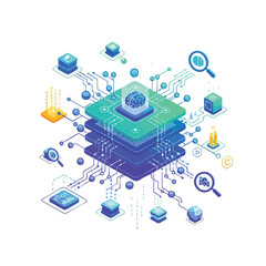 Isometric illustration of a layered circuit board with a blue globe on top, surrounded by various icons and symbols in shades of blue, green, and yellow on a white background.